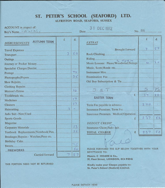 A St Peter's School Fee Invoice